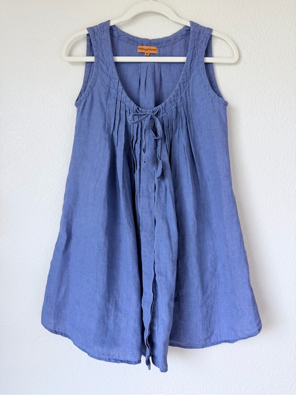 Roberta Freymann 100% Linen Pleated Tie Front Tunic Top XS Blue